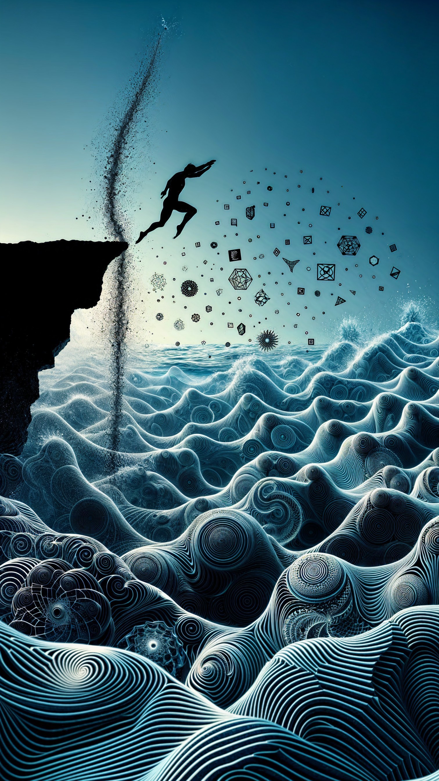 Cliff Diver in Surreal, Patterned Wave Scene