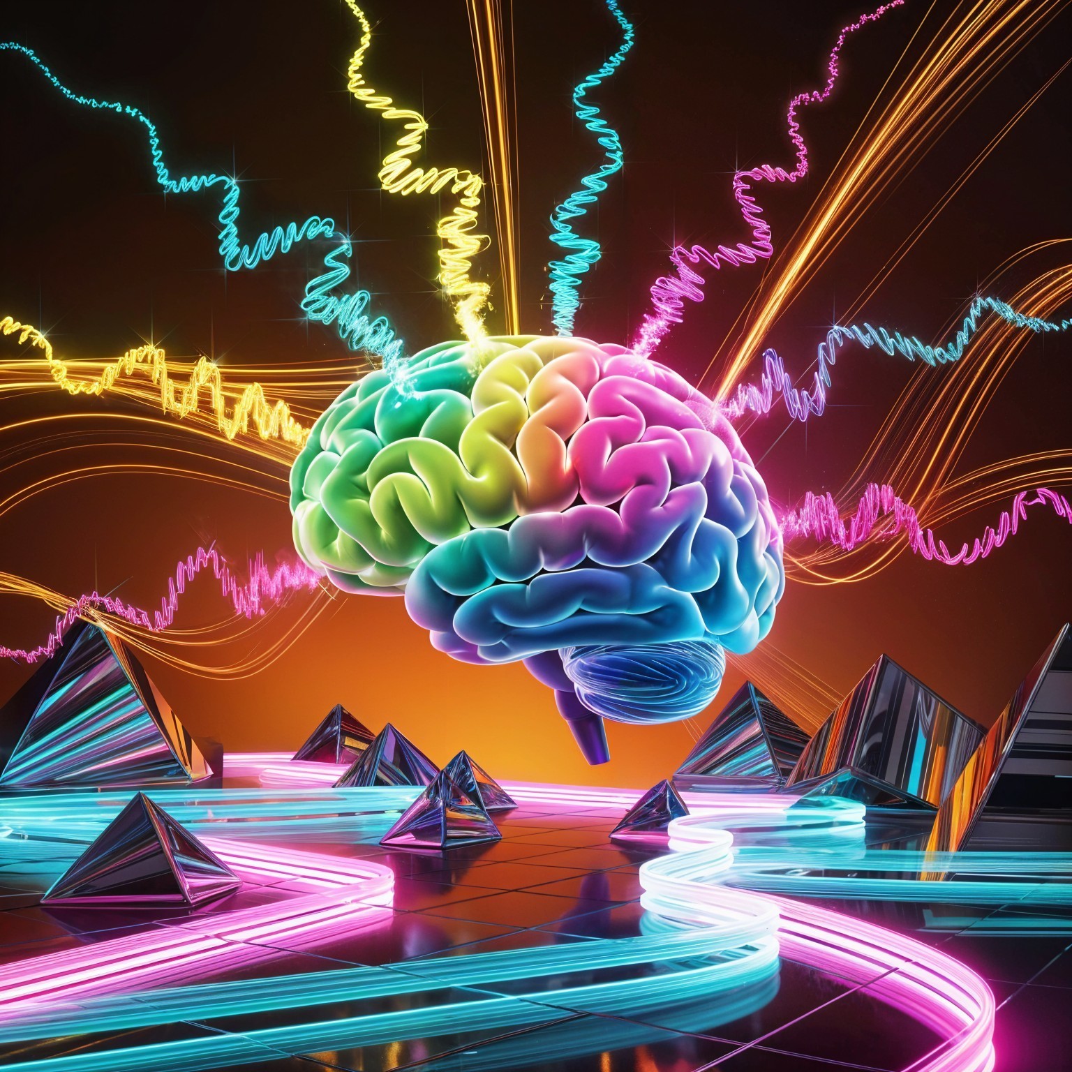 Surreal Brain Surrounded by Neon Lines and Shapes
