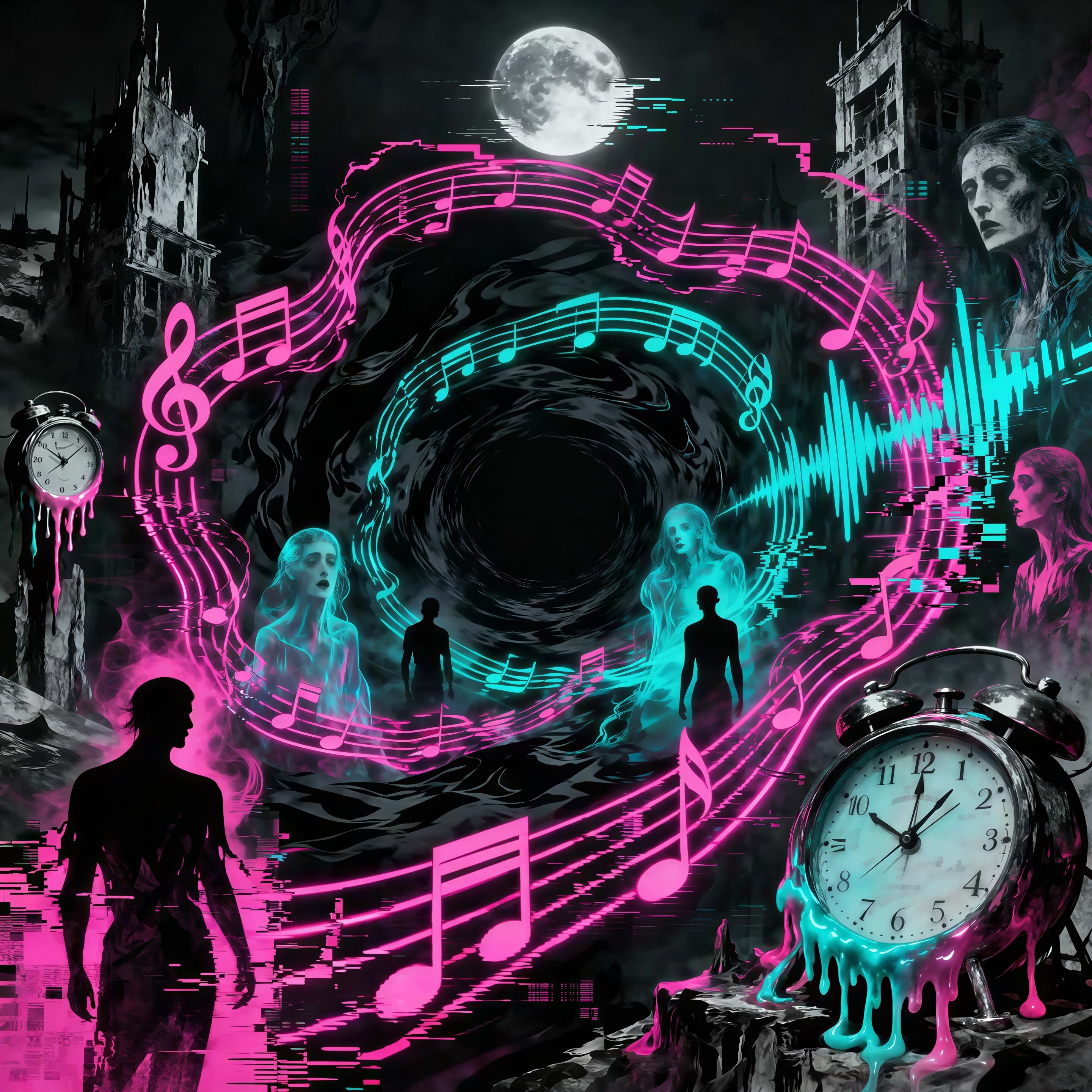 AI Horror Art Featuring Dark Scene with Melting Clock