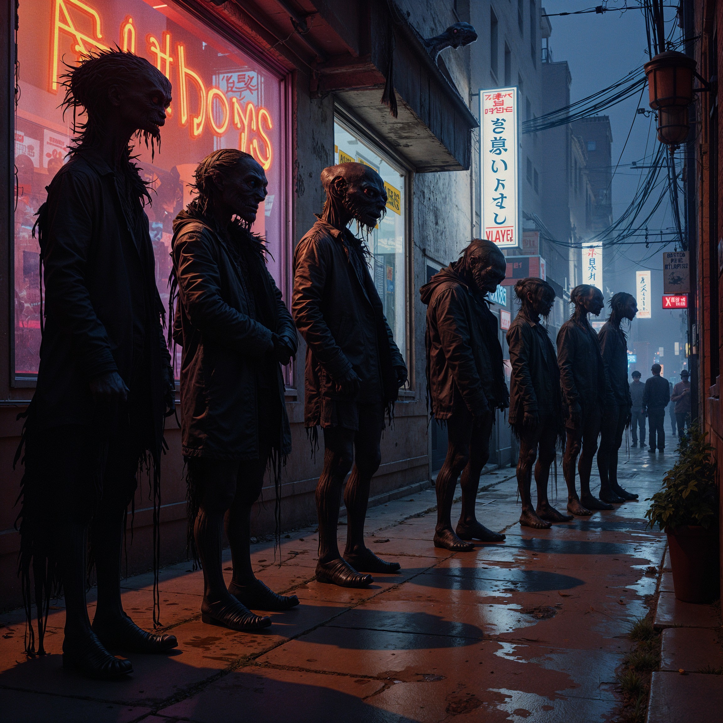 Neon Alleyway with Shadowy Figures and Foggy Atmosphere