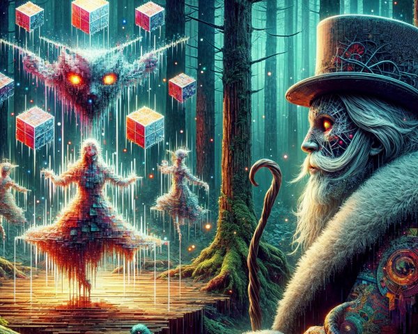 Mystical forest scene with holographic dancers and magic