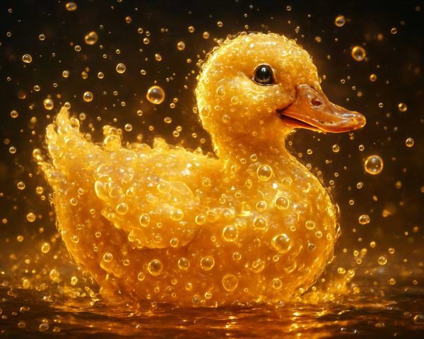 Vibrant Orange Duckling Sculpture in Golden Liquid