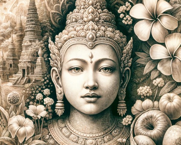 Serene Goddess Face with Floral Motifs and Jewelry