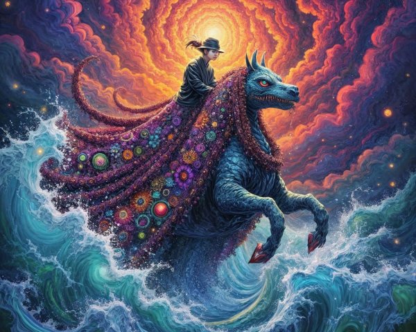 Mystical Figure on Aquatic Creature in Colorful Waves