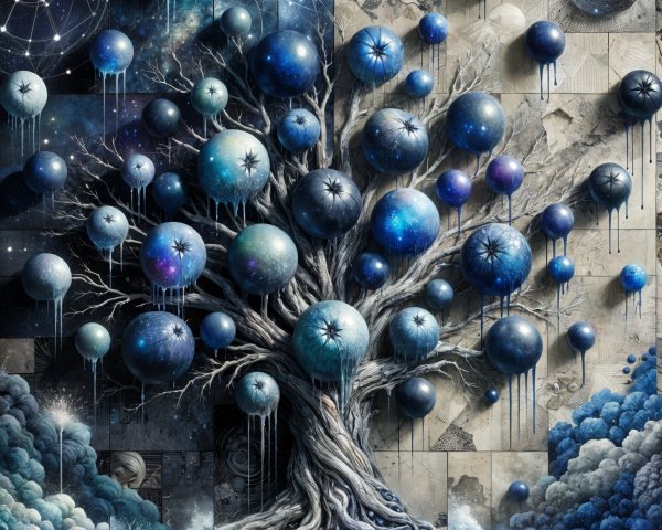 Surreal Tree with Celestial Orbs in Dreamlike Scene