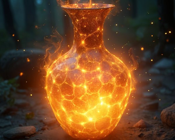 Vase with Fiery Brilliance in Mystical Forest Setting