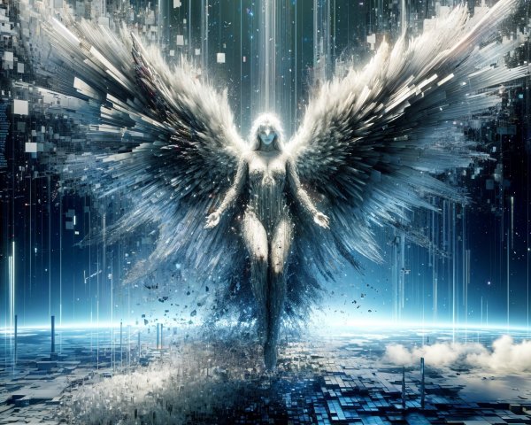 Majestic Figure with Wings in Digital Landscape