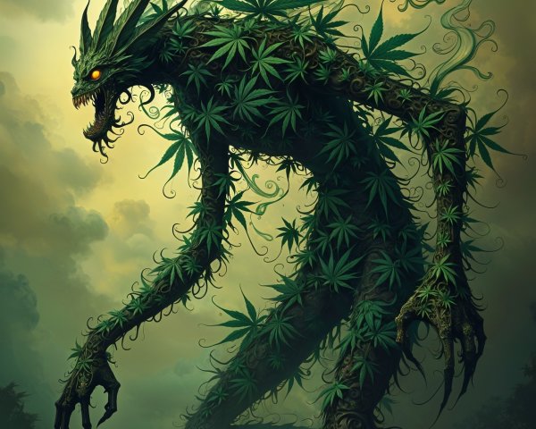 Mythical Creature Made of Cannabis Leaves in Twilight