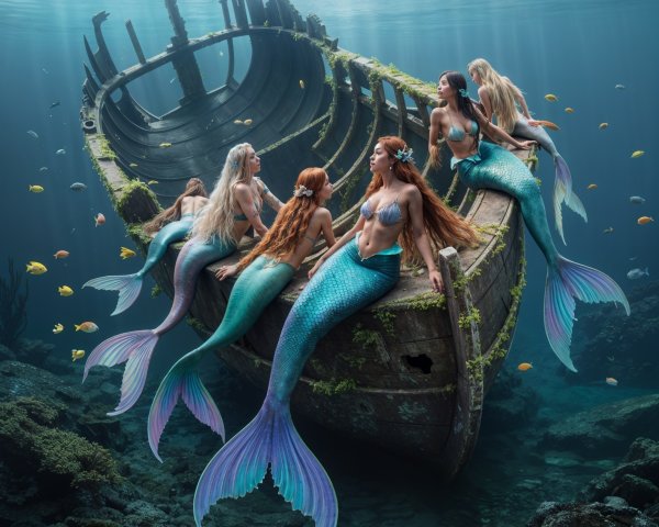 Mermaids with Vibrant Tails by a Sunken Ship