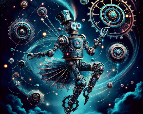 Whimsical Steampunk Robot in Cosmic Dance Scene
