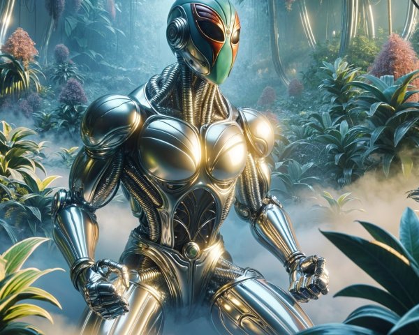 Futuristic robot in a vibrant jungle setting