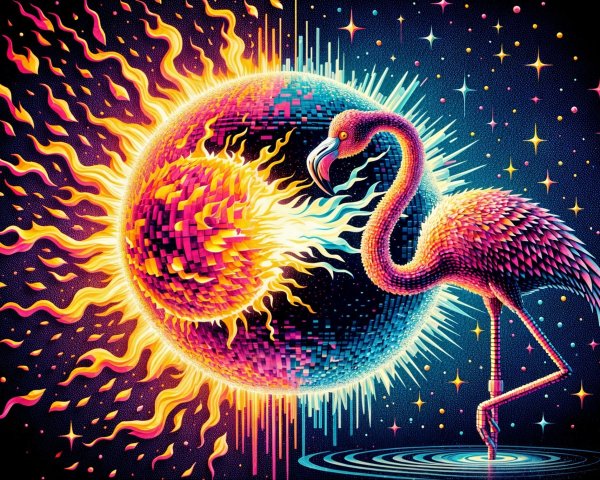 Surreal Illustration of Flamingo and Stylized Sun