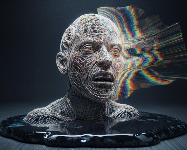 Wireframe Human Head Emerging from Reflective Surface