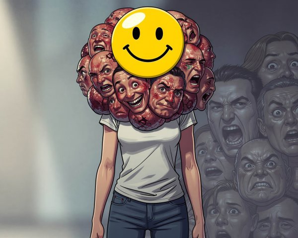 Young Woman with Cluster of Human Faces as Head