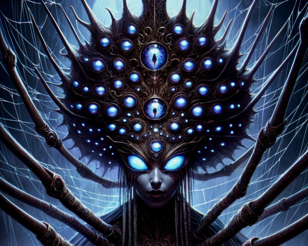 Ethereal Figure in Dark Armor with Glowing Orbs