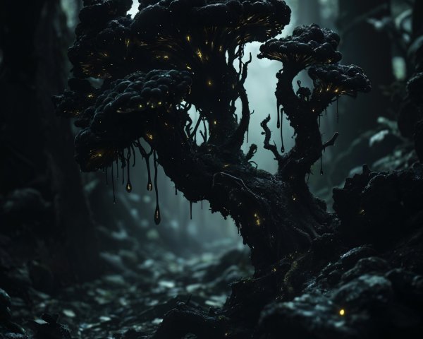 Mystical Forest with Glowing Tree and Fungi