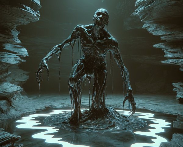 Grotesque Creature Emerges from Dark Cavern Pool