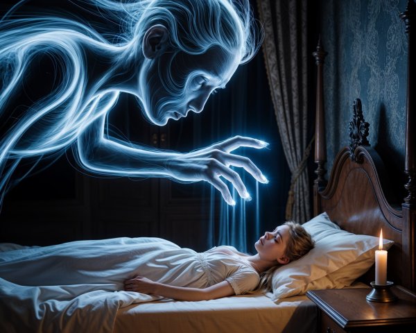 Ethereal Figure Over Sleeping Woman in Dim Room