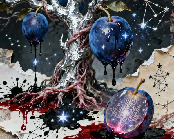 Silver Tree with Red Roots and Indigo Plums on Paper