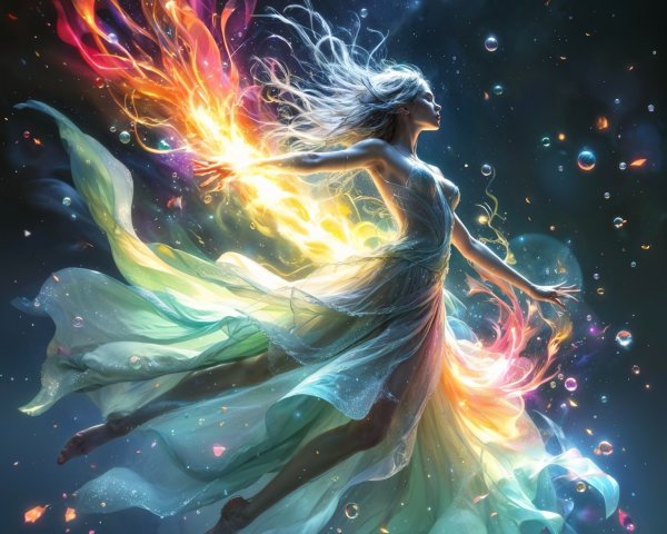 Ethereal Figure in Flowing Gown Surrounded by Bubbles