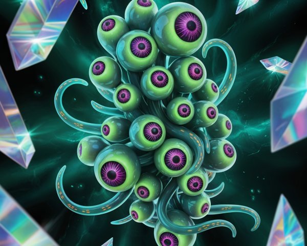 Surreal Green Tentacles with Purple Eyes in Cosmic Scene