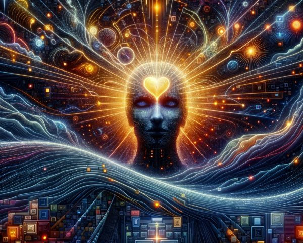 Surreal Luminous Head in Vibrant Abstract Landscape