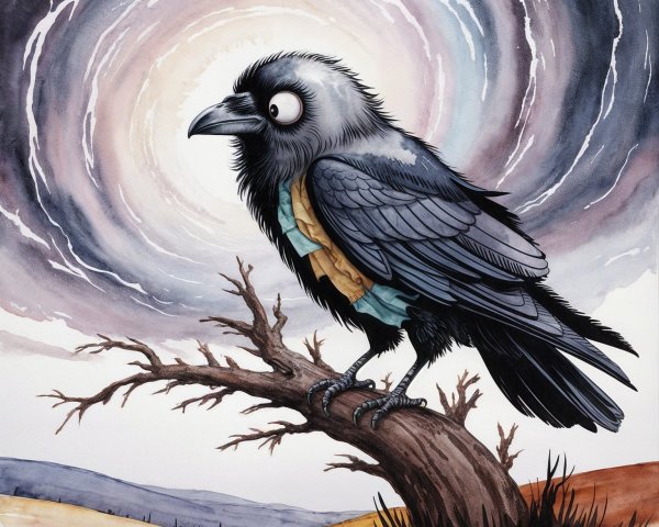 Whimsical Raven on Twisted Branch with Colorful Sky