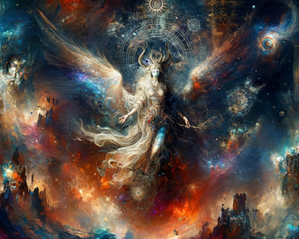 Celestial Figure in Vibrant Cosmic Landscape