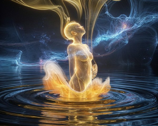 Luminous Figure in Shimmering Waters with Ethereal Light