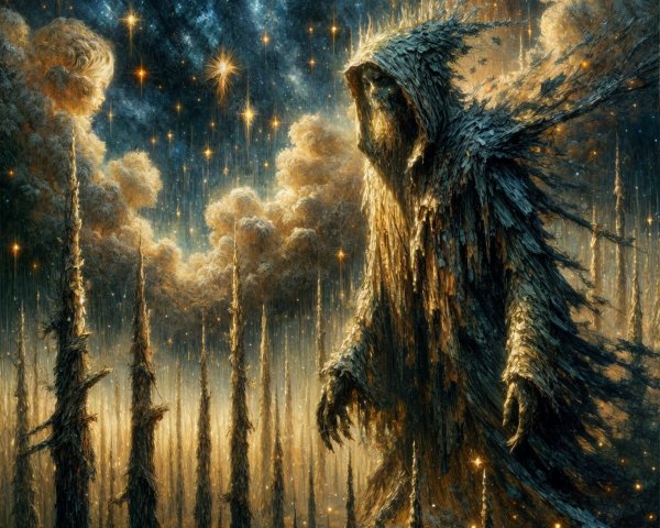 Ethereal Figure Among Celestial Trees and Stars