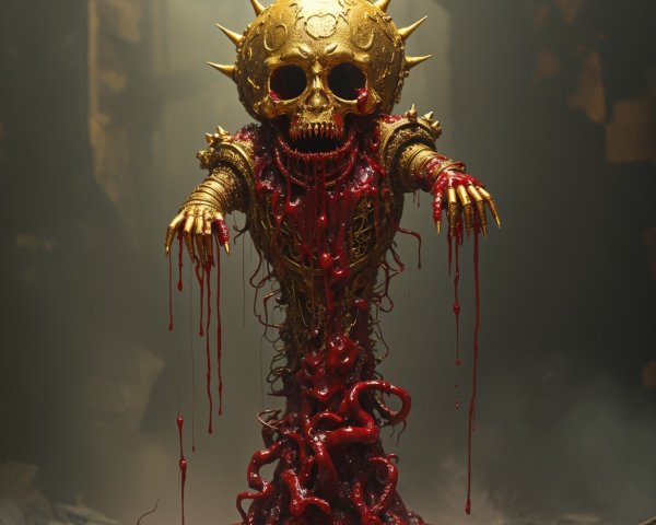 Golden Skull with Spikes in Dark Blood Pool