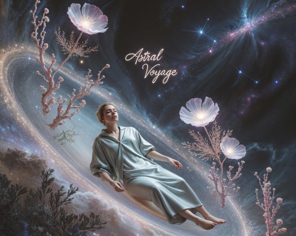 Woman in flowing robe floats in a luminous galaxy