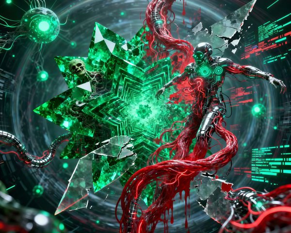 Futuristic Cyborg Entangled in Glowing Red Vines