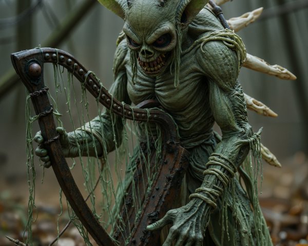 Grotesque Green-Skinned Creature in Dim Forest