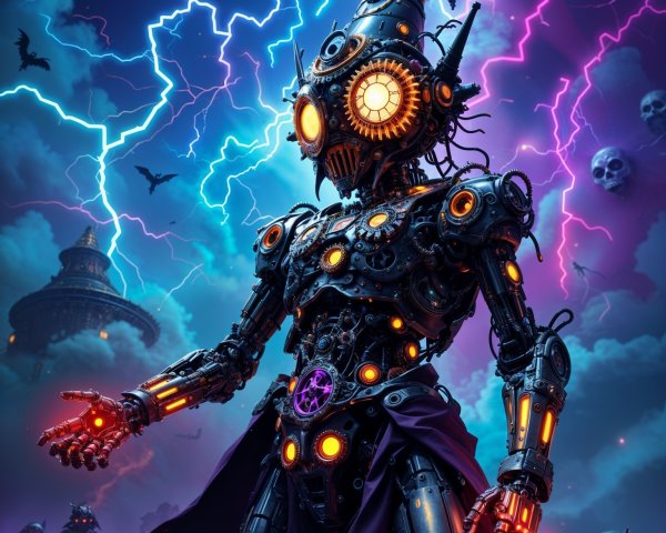 Steampunk Robot in Stormy Sky with Ominous Atmosphere