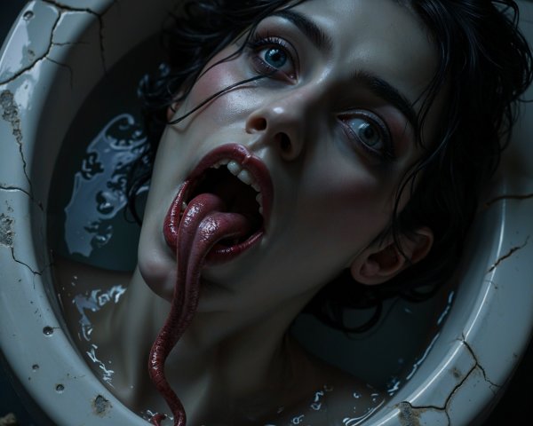 Surreal Scene of Person in Vintage Toilet Bowl