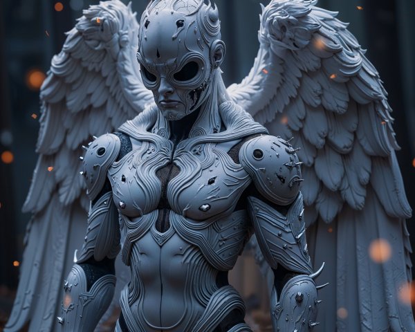 Futuristic humanoid figure in misty forest setting