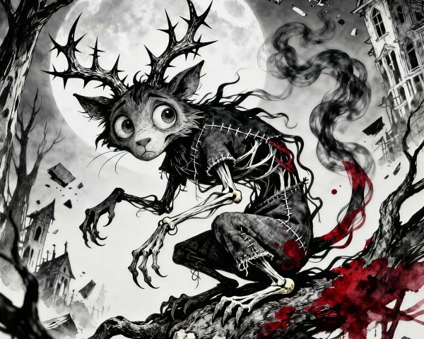 Whimsical Grayscale Creature Portrait with Spooky Elements