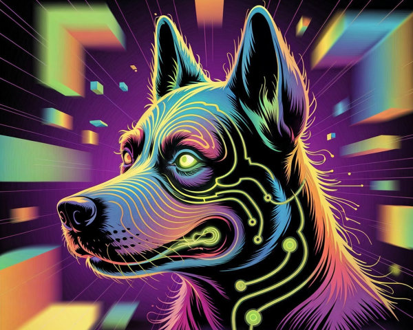Stylized Dog Head Illustration with Circuitry Patterns