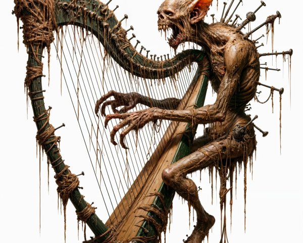 Grotesque Creature with Harp in Surreal Setting