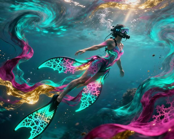 Underwater Scene with Neon Swimsuit and Coral Reef
