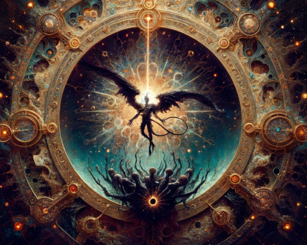 Celestial Scene with Majestic Wings and Cosmic Patterns