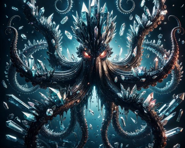 Otherworldly creature with tentacles and fiery eyes