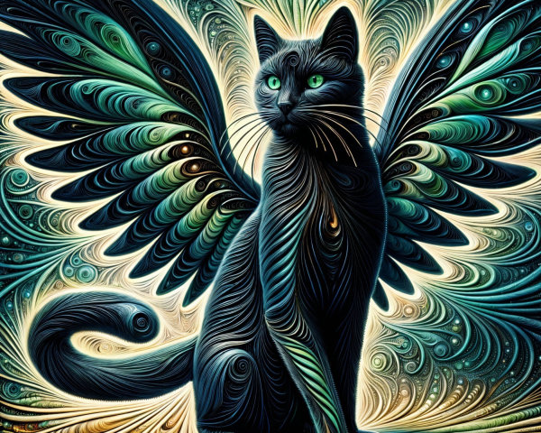 Mystical black cat with vibrant wings and cosmic swirls