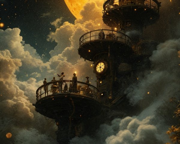 Steampunk Structure Under Moonlit Foggy Landscape