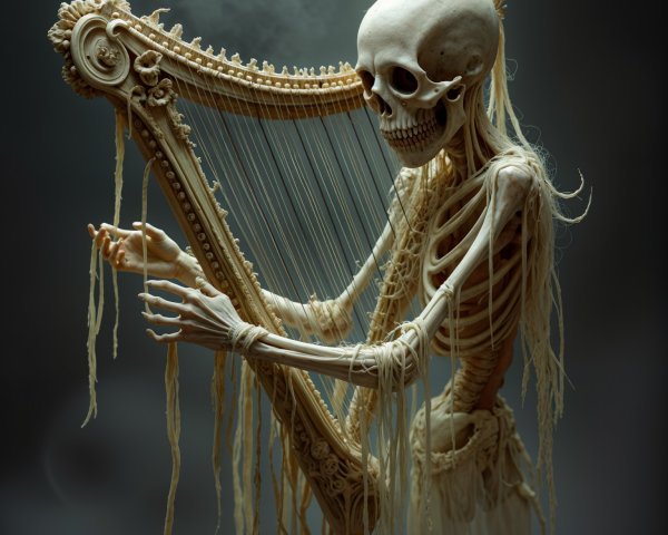 Skeletal Figure Playing Ornate Harp in Misty Setting