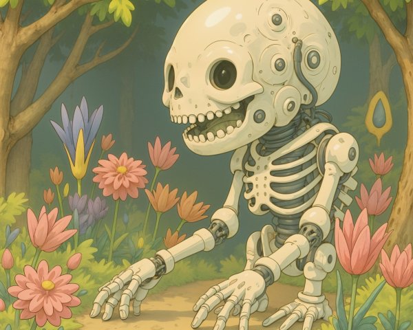 Robotic Skeleton Exploring a Whimsical Forest Path