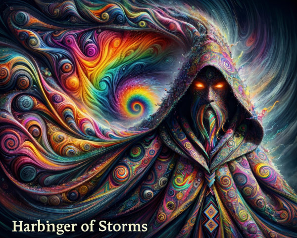Mystical figure in vibrant patterns amidst colorful chaos