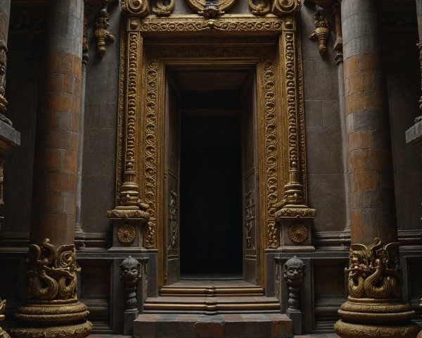 Intricate Temple Entrance with Golden Carvings and Columns