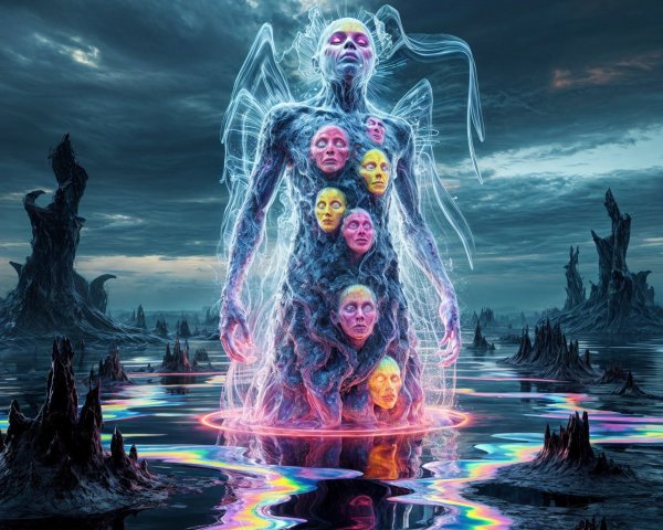 Surreal Figure in Reflective Otherworldly Landscape